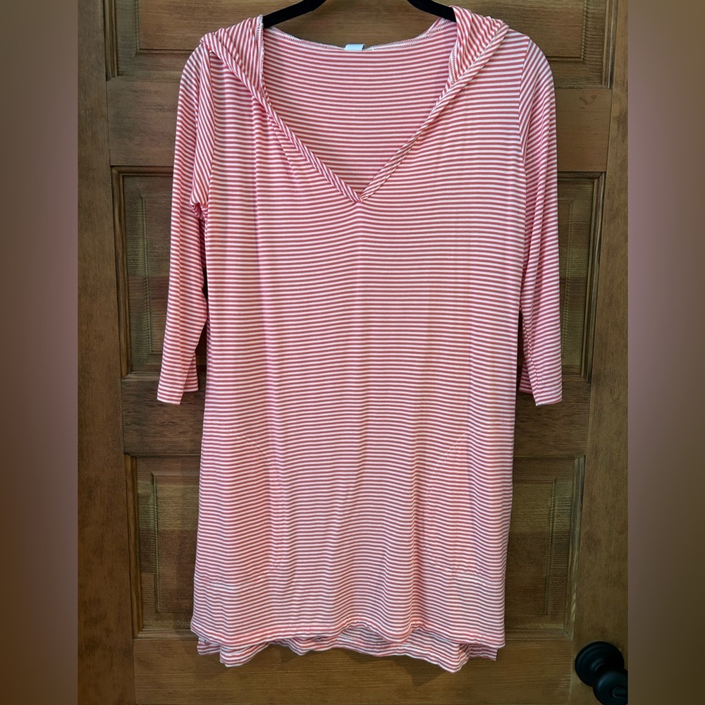 Yala Pink /Red? and White Striped Hooded Swim Cover-Up/ WITH POCKETS / size S